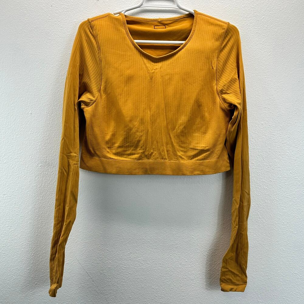 LSKD Long Sleeve Crop with Shelf Bra Yellow Ribbed Med